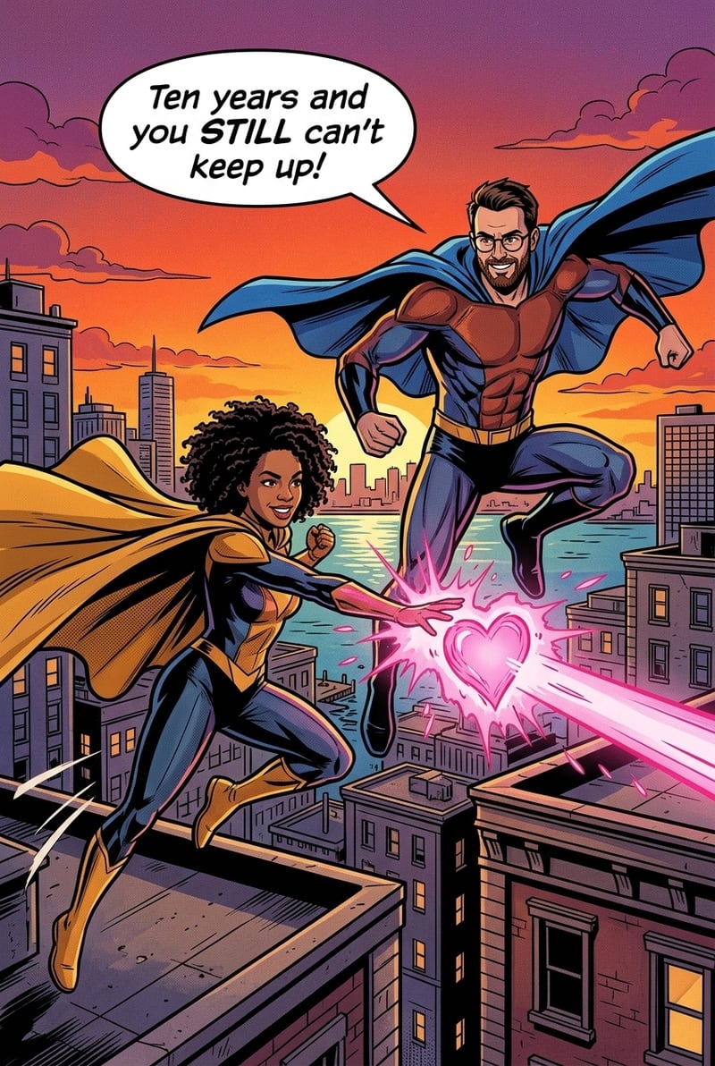The same couple drawn as superheroes leaping across rooftops in a comic panel