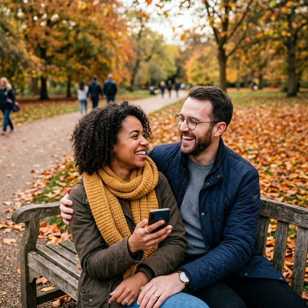 A snapshot of a couple laughing on a park bench