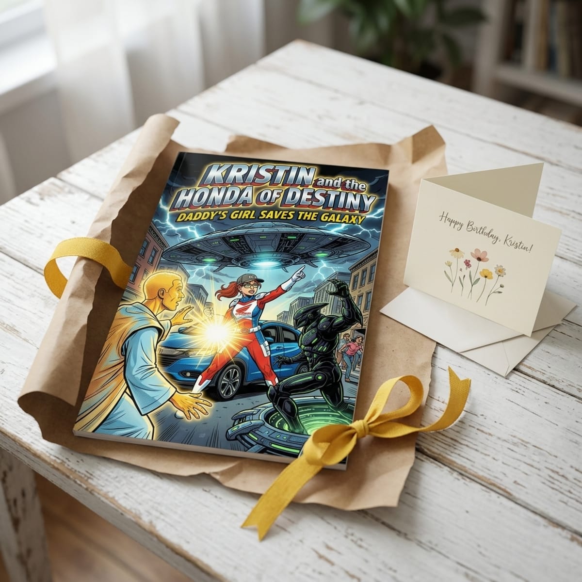 A comic book half unwrapped from kraft paper with a yellow ribbon