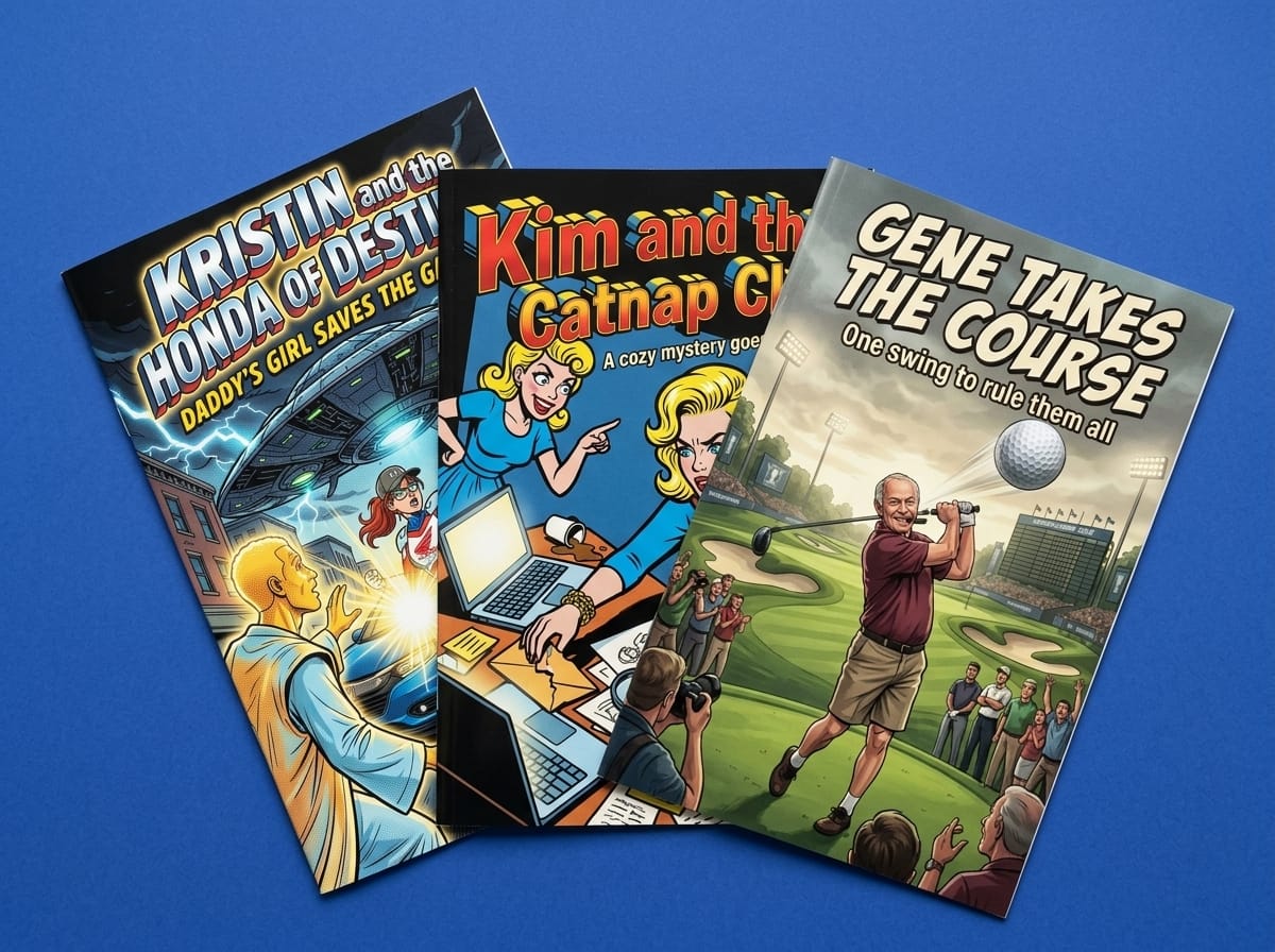 Three printed comic books fanned out on blue paper