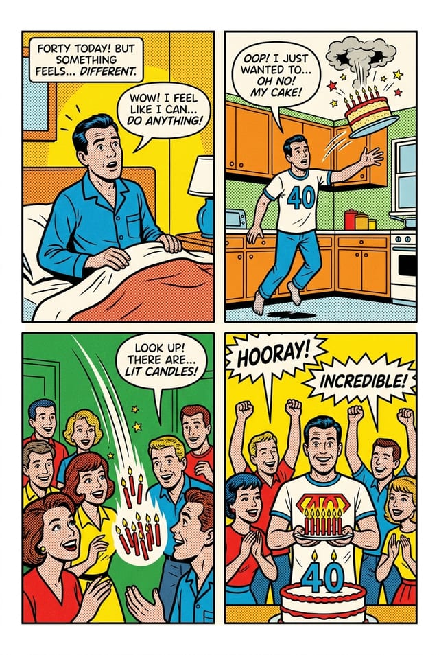 A sample interior page from a 40th birthday gift, retro pop style