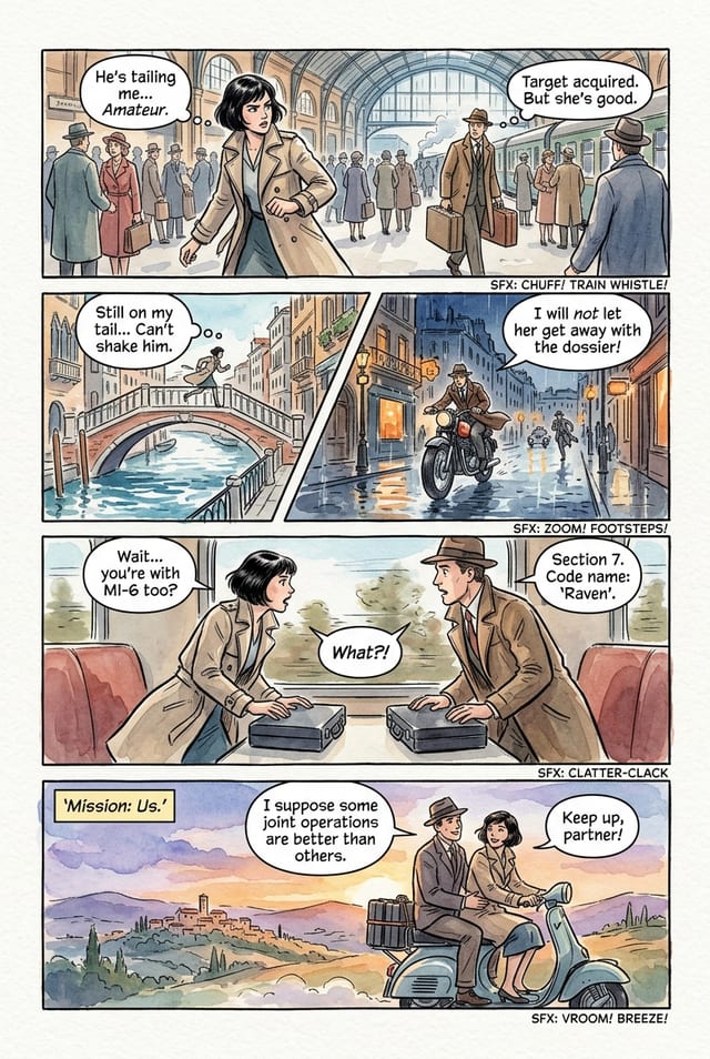 A sample interior page from a personalized comic book for couples, watercolor style