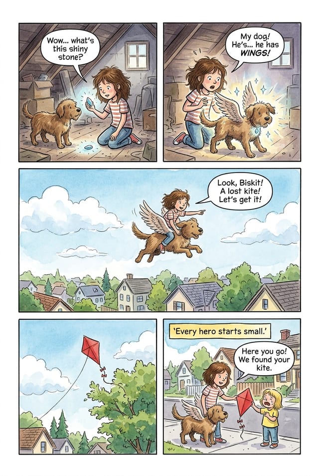 A sample interior page from a personalized superhero comic book for kids, watercolor style