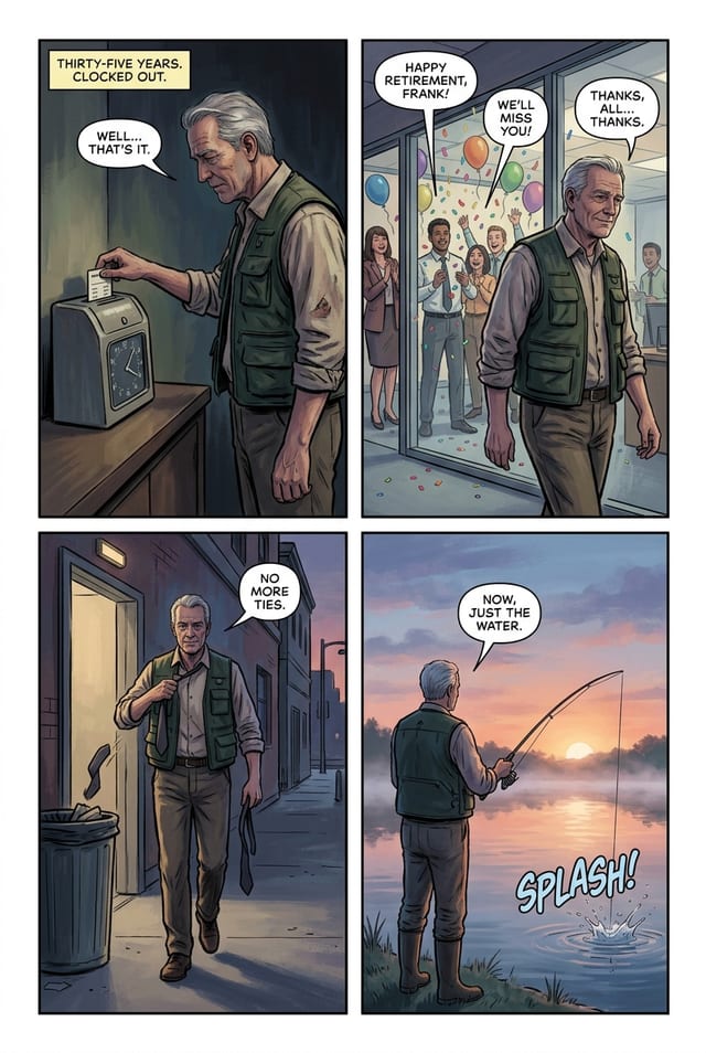 A sample interior page from a personalized retirement comic book, graphic novel style