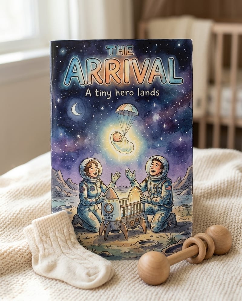 The printed personalized new baby comic book, glossy cover, ready to gift
