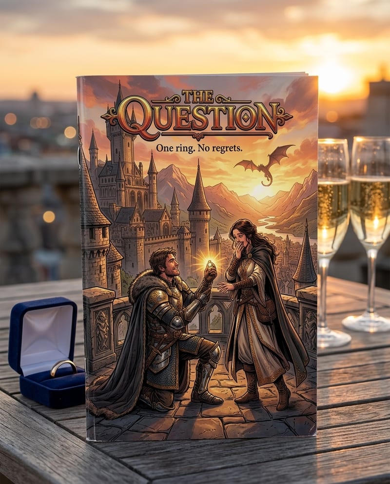 The printed proposal comic book, glossy cover, ready to gift