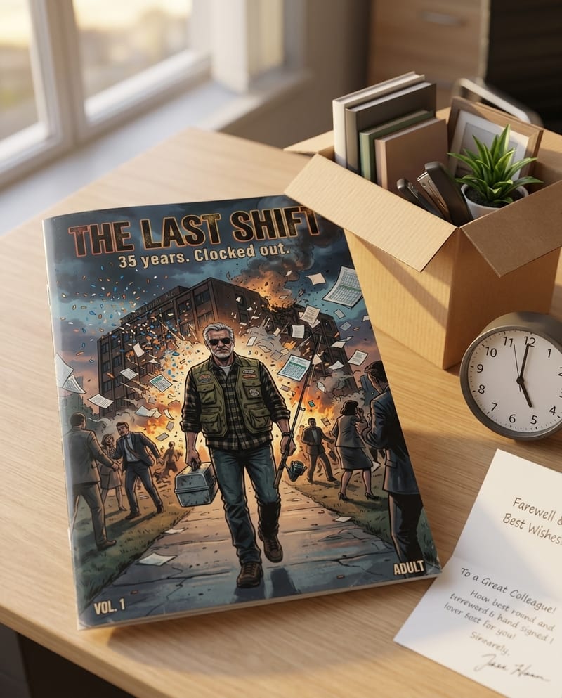 The printed personalized retirement comic book, glossy cover, ready to gift