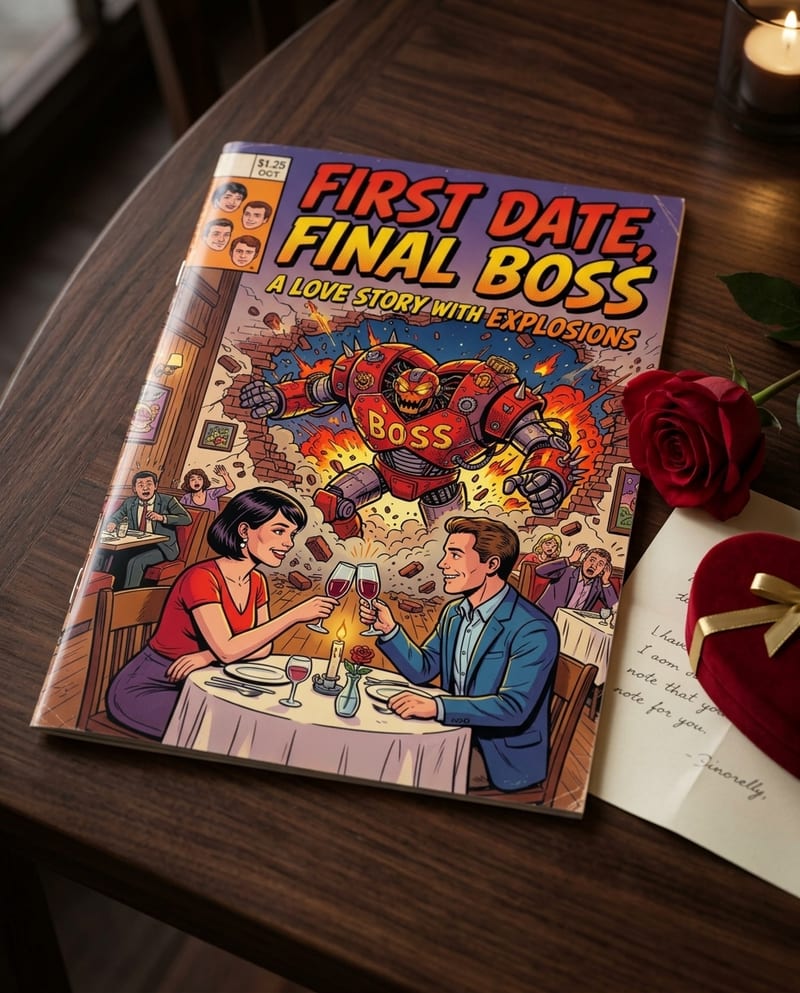 The printed personalized Valentine's Day comic book, glossy cover, ready to gift