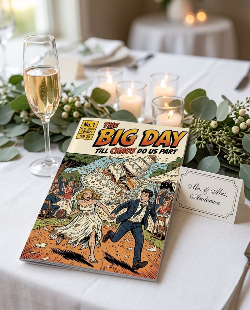 The printed personalized wedding comic book, glossy cover, ready to gift